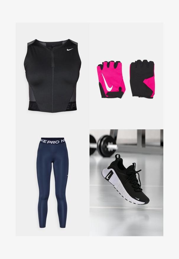 Haut court de sport noir avec fermeture éclair, panneaux texturés aux épaules et logo de marque imprimé. Confectionné en tissu extensible et respirant.; Leggings ajustés bleu marine avec une taille haute élastique portant "NIKE PRO" en texte blanc et un petit logo Nike swoosh blanc.; Chaussure de sport noire avec une tige en tissu texturé, une semelle blanche et un système de laçage prononcé. Présente un logo Nike et un design doux et rembourré.; Gants courts roses avec des accents noirs, arborant un logo Nike blanc, des paumes rembourrées et un design sans doigts pour une meilleure adhérence et flexibilité.