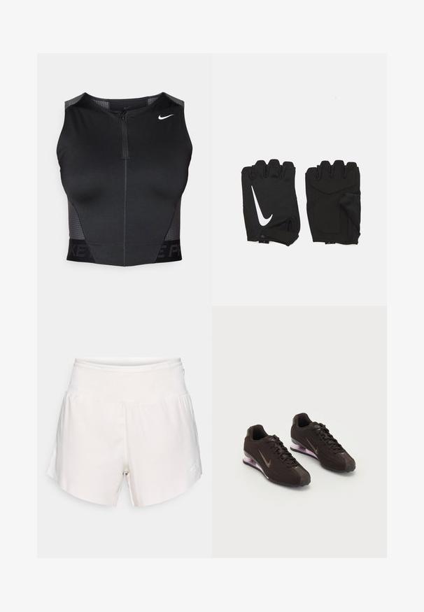 Zwarte atletische crop top met ritssluiting, gestructureerde schouderpanelen en een bedrukt merklogo. Gemaakt van rekbare, ademende stof.; Witte atletiekshorts met hoge taille, een gladde tailleband en een subtiel logo op het linkeronderbeen, weergegeven tegen een effen achtergrond.; Zwarte sportieve schoenen met een gestructureerde bovenkant, bruine accenten en een paarse air-cushion zool. Vetersluiting met opvallende merkvoering.; Zwarte vingerloze fitnesshandschoenen van ademend materiaal, met een wit Nike-logo, gevoerde handpalmen en een open polsontwerp voor flexibiliteit.