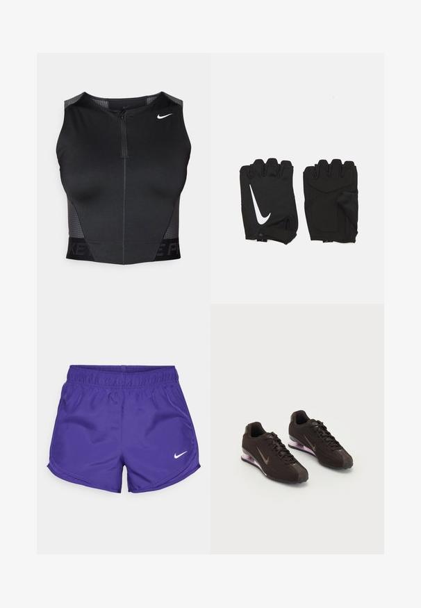 Čierny atletický crop top so zipsovým zapínaním, textúrovanými panelmi na ramenách a potlačeným logom značky. Vyrobený z elastickej, priedušnej tkaniny.; Fialové športové šortky vyrobené z hladkej látky, s elastickým pásom a bielym logom Nike na spodnej pravej strane.; Čierne športové topánky s textúrovaným zvrškom, hnedými akcentmi a fialovou vzduchovo tlmenou podrážkou. Šnurovací dizajn s výrazným brandingom.; Čierne bezprstové fitness rukavice vyrobené z priedušnej tkaniny, s bielym logom Nike, polstrovanými dlaniami a otvoreným dizajnom zápästia pre flexibilitu.
