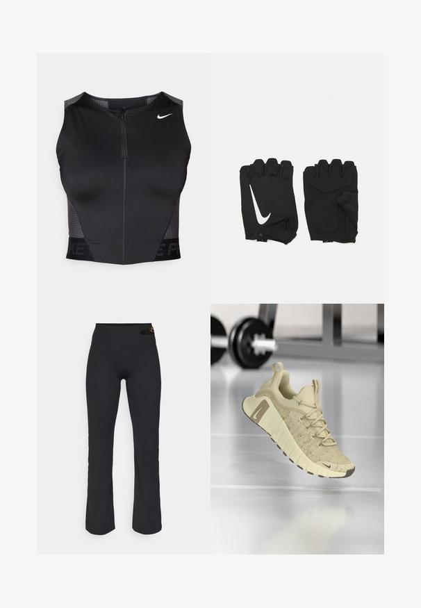 Haut court de sport noir avec fermeture éclair, panneaux texturés aux épaules et logo de marque imprimé. Confectionné en tissu extensible et respirant.; Pantalon de yoga noir à taille haute, texture lisse, design à jambe évasée et petit accent à motif léopard sur la ceinture.; Chaussure de sport beige avec une tige texturée, une semelle large et des accents marron. Comprend un design à lacets et un logo de marque bien en vue.; Gants de gym sans doigts noirs en tissu respirant, avec un logo blanc Nike, des paumes rembourrées et un design ouvert au niveau du poignet pour plus de flexibilité.