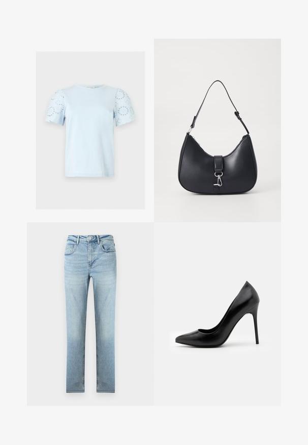 Hellblaues Kurzarmoberteil mit rundem Ausschnitt und Puffärmeln aus Lochspitze mit kreisförmigen Blumenmustern.; Hellblaue, hoch taillierte Jeans mit geradem Bein, vorne und hinten mit Taschen, Knopfverschluss und subtiler Ausbleichung an Oberschenkeln und Knien.; Schwarze Leder-Pumps mit hohen Absätzen, spitz zulaufender Zehenpartie und glatter Textur. Verfügt über einen schmalen Stiletto-Absatz und ein tief ausgeschnittenes Obermaterial.; Pieces PCLIKA SHOULDER BAG - Handtasche - black