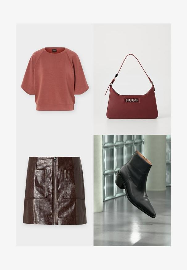 Sweat-shirt rose poudré à manches courtes et col rond avec manches raglan et ourlet côtelé, présentant un petit logo près du bord inférieur.; Mini-jupe en simili cuir marron avec une fermeture éclair à l'avant, deux grandes poches avant et une texture lisse et brillante.; Bottine en cuir noir avec un bout pointu et un talon carré lévitant au-dessus d'un sol gris réfléchissant près d'un mur en blocs de verre.; Petit sac à main rectangulaire en cuir bordeaux avec une bandoulière ajustable et une plaque logo « HUGO » en argent à l'avant.