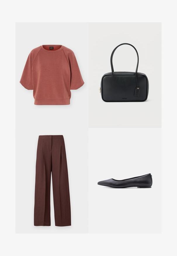 Sweat-shirt rose poudré à manches courtes et col rond avec manches raglan et ourlet côtelé, présentant un petit logo près du bord inférieur.; Pantalon marron à jambes larges et taille haute avec plis devant et fermeture avant dissimulée, présenté sur fond blanc uni.; Chaussure plate en cuir noire à bout pointu avec petit talon, vue de profil sur fond blanc.; Sac à main rectangulaire noir avec doubles poignées arrondies, fermeture éclair dorée et logo "HUGO" embossé sur le devant avec une étiquette en cuir attachée.