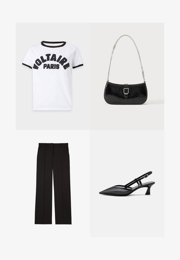 Hvid t-shirt med korte ærmer med sort kant på krave og ærmer, sort broderet tekst "VOLTAIRE PARIS" henover brystet.; Sorte skræddersyede bukser lavet af et glat stof, med et lige ben-design og to sidelommer. Elegant og minimalistisk konstruktion.; Sort spids tå slingback-sko med mesh-øverdel, tynde stropper, guldlås og lav buet hæl på hvid baggrund.; Sort skuldertaske i laklæder med sølv spænde og sølv kæderem, vist mod en ensartet lys baggrund.