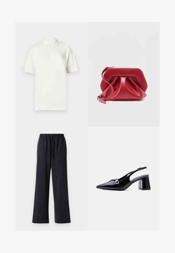 Wit poloshirt van katoen, met een kraag, korte mouwen en drie knopen aan de voorkant. Subtiel geborduurd merklogo op de borst.; Zwarte, wijde broek van zacht materiaal met een elastische tailleband en koord. Kenmerkt zich door een gladde structuur en geen zichtbare patronen.; Zwarte slingback hak van lakleer met een spitse neus, lage blokhiel en twee kleine zilveren gespen op de bandjes.; Rode leren clutch met een gestructureerd frame en geplooid ontwerp, voorzien van een afneembare polsband en een sluiting in goudkleur.