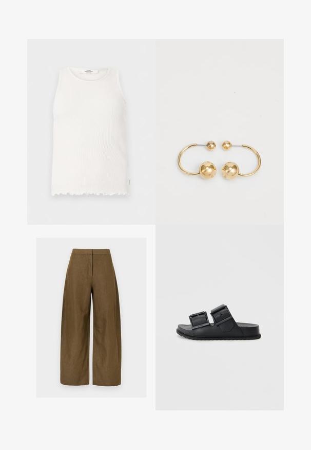 Mouwloze witte geribbelde gebreide tanktop met ronde halslijn en gegolfde zoom, label met de tekst "Mads Nørgaard Copenhagen" aan de achterzijde van de hals.; Bruine linnen wijde broekspijpen met een gladde textuur, voorzien van een aansluitende tailleband en twee zijzakken. Het ontwerp biedt een losse silhouet.; Zwarte schuursandalen van textuur materiaal met twee verstelbare banden met gespen. Vlakke zool met een gemusterde loop voor grip.; Gouden metalen oorbellen met een circulair ontwerp met twee bollen, één grotere met textuur en een kleinere gepolijste bal aan de bovenkant.