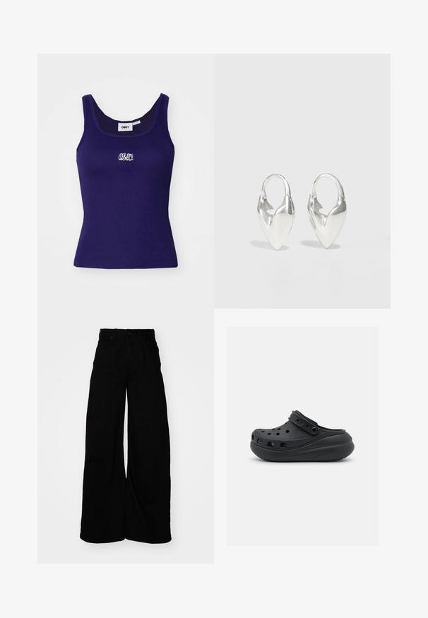 Marineblå ribbet tanktop med ærmeløs design, der har et lille hvidt broderet logo på brystet og en afrundet halsudskæring.; Bredde ben sorte denimbukser med høj talje, med bæltestropper, fem lommer og en ren, struktureret finish.; Sorte gummiklipper med ventilationshuller, hævet hæl og justerbar rem. Glat tekstur og rund form.; Otiumberg ROSCIDA HEART HOOPS - Øreringe - silver-coloured