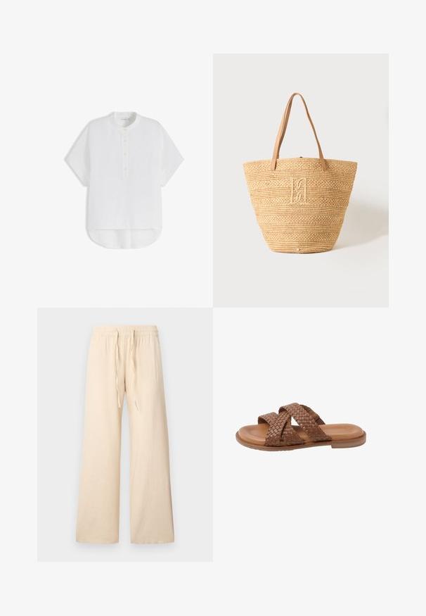 Wit overhemd met korte mouwen en bandkraag, vooraan met knoopsluiting en een asymmetrische zoom, plat gelegd op een witte achtergrond.; Beige broek met wijde pijpen gemaakt van zacht materiaal, met een elastische taille en een trekkoord zonder zichtbare patronen of accenten.; Bruine leren slidesandaal met twee brede gevlochten bandjes die over de voet kruisen en een platte zool, geïsoleerd op een witte achtergrond.; Beige gevlochten stro draagtas met twee bruine leren handvatten en een subtiel geborduurd monogram aan de voorkant in het midden.