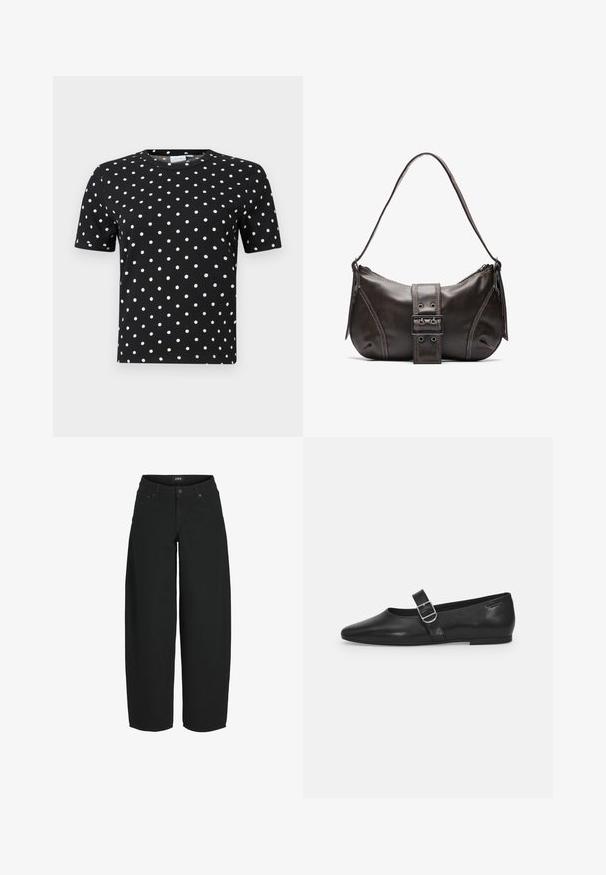 Sort t-shirt med korte ærmer, ribbet tekstur og hvide prikker, med rund halsudskæring og tætsiddende facon.; Sorte vidde-korte jeans med knap- og lynlåslukning foran, lommer foran og bagpå samt mærket bæltelabel.; Sorte læder flade sko med rund tå, et enkelt justerbart spænde og en glat, blank overflade. Minimalistisk design med en lav hæl.; Brun læder skuldertaske med en buet form, der har et fremtrædende spænde, kontrasterende syninger og en enkelt skulderrem.