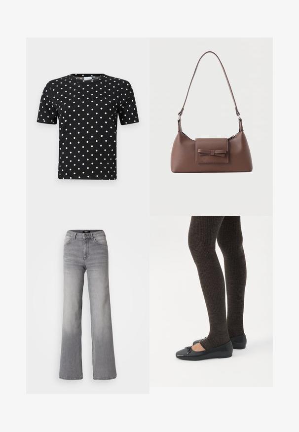 Sort t-shirt med korte ærmer, ribbet tekstur og hvide prikker, med rund halsudskæring og tætsiddende facon.; Højtaljede grå denim jeans med lige ben, med frontknap og lynlås, foran og bagpå lommer, samt nedtoning på lår og lægge.; Ben iført mørke ribbede leggings kombineret med sorte balletsko med små sløjfedetaljer på hvid baggrund.; Brun skuldertaske i læder med en frontlomme med klap, der har en sydd sløjfedetalje, og en justerbar rem.