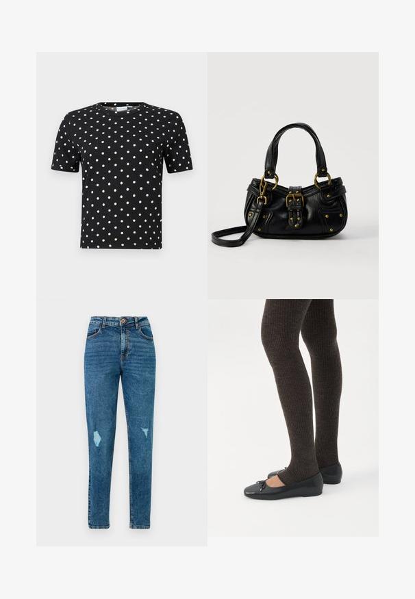 Sort t-shirt med korte ærmer, ribbet tekstur og hvide prikker, med rund halsudskæring og tætsiddende facon.; Blå højtaljede skinny jeans med slidte detaljer på lår og lommer, med knap- og lynlås-lukning.; Ben iført mørke ribbede leggings kombineret med sorte balletsko med små sløjfedetaljer på hvid baggrund.; Sort læderhåndtaske med guldbælge og nitdetaljer, korte håndtag og en justerbar skulderrem på en ensfarvet hvid baggrund.