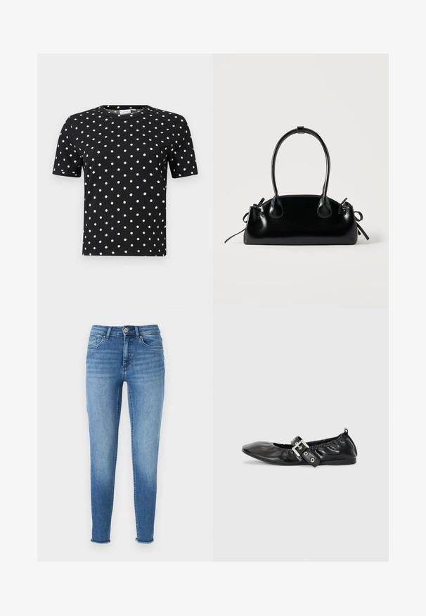Mustard lühikeste varrukatega T-särk, millel on ribakujuline tekstuur ja valged täpid, omades ümmargust kaelust ja sobivat lõiget.; Sv light blue skinny jeans, millel on tuhmused ja udune pesu, valmistatud denimist. Omab nelja taskut, vööloopse ja narmendavaid ääri pahkluude juures.; Must musta lamega, millel on terav nina, kokkukogutud detailid avause ümber ja hõbedane pandla aktsent reguleeritaval rihmal.; Väike must läikiv käekott kahe pika sangaga ja külgedel paelakinnitustega, ühel lihtsal helel taustal.
