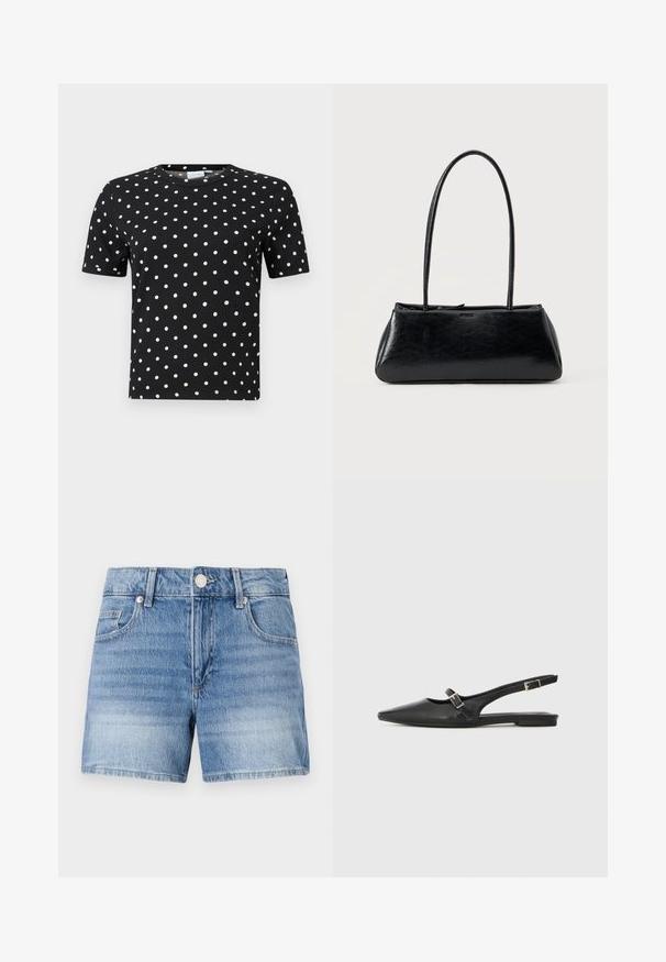 Sort t-shirt med korte ærmer, ribbet tekstur og hvide prikker, med rund halsudskæring og tætsiddende facon.; Lyseblå denimshorts med knaplukning foran, lynlåslukning, bæltestropper og forlommer på en ens hvid baggrund.; Sorte læder slingback-sko med spids tå, med en smal rem og en sølvspænde-detalje på siden. Flad sål.; Sort rektangulær skuldertaske med lange tynde stropper og en glat, blank tekstur på en ensfarvet baggrund.