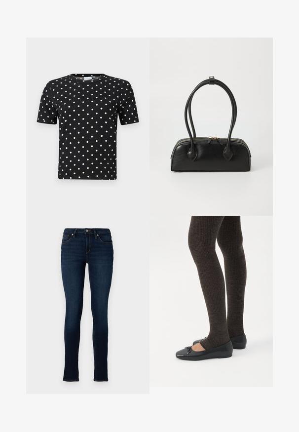 Sort t-shirt med korte ærmer, ribbet tekstur og hvide prikker, med rund halsudskæring og tætsiddende facon.; TOM TAILOR DENIM TTJONA SKINNY FIT - Jeans Skinny Fit - used dark stone blue denim; Ben iført mørke ribbede leggings kombineret med sorte balletsko med små sløjfedetaljer på hvid baggrund.; Sort læder håndtaske med to langstrakte håndtag, lynlåslukning og afrundet form; glat tekstur med en subtil blank finish.