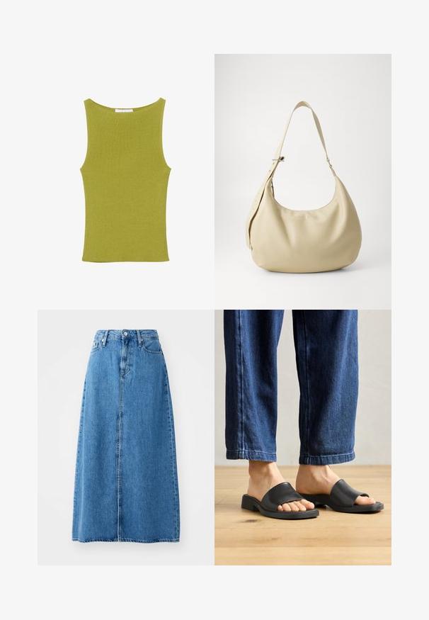 Mouwloze geribbelde gebreide tanktop in olijfgroen met een hoge ronde halslijn en een aansluitende silhouet.; Blauwe denim maxi rok met een sluiting met knopen aan de voorkant, twee zakken en een rechte vorm met een rauwe zoom. Klassiek en veelzijdig.; Zwarte instapsandalen van glad materiaal, met een open teen en een brede bovenband, geplaatst tegen donkere denimspijkerbroeken met een rechte pasvorm.; Beige leren schoudertas met een gebogen vorm, verstelbare schouderband en reliëf logo detail, met een gladde textuur en een minimalistisch ontwerp.