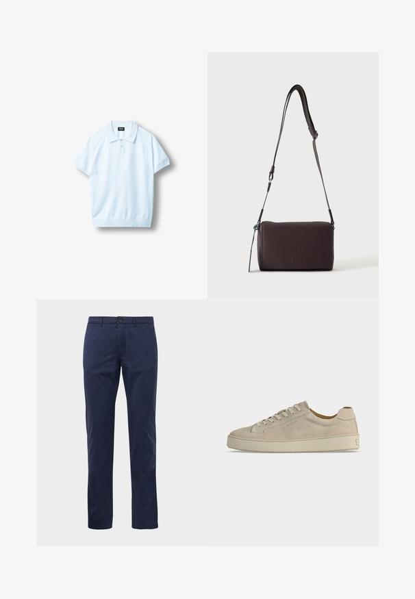 Hellblaues kurzärmeliges Polo mit gerippten Bündchen und Saum, einer Drei-Knopf-Leiste und einem schwarzen Label innen am Kragen.; Marineblaue gerade geschnittene Hose mit Knopf- und Reißverschluss, Gürtelschlaufen und seitlichen Taschen, präsentiert auf einem weißen Hintergrund.; Beiger Wildleder-Low-Top-Sneaker mit Schnürverschluss und dicker Gummisohle, von der Seite auf weißem Hintergrund gezeigt.; Dunkelbraune, strukturierte Leder-Crossbody-Tasche mit verstellbarem Riemen und kleinem dekorativen blauen Akzent an der Seite.