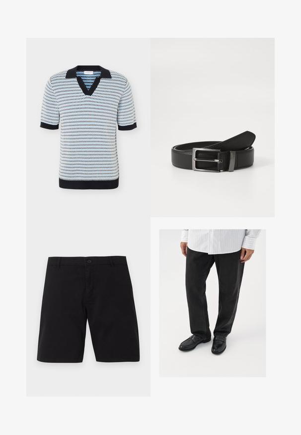 Polo en maille à manches courtes avec motif géométrique bleu, blanc et noir, col noir, poignets de manches et ceinture noirs.; Shorts décontractés noirs avec fermeture par bouton, passants pour ceinture et design simple, présentés sur un fond uni.; Pantalons en denim noir associés à des mocassins noirs brillants. La chemise est blanche avec de fines rayures verticales, avec des manches longues et un col boutonné.; Ceinture en cuir noir avec une boucle en métal argenté, présentant une finition lisse et un design classique. La ceinture est soigneusement pliée.