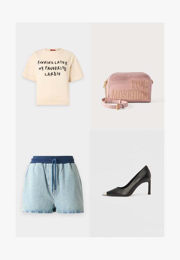 Beige T-shirt med korte ærmer med håndskrevet sort tekst på forsiden, der lyder: "Running late is my favourite cardio".; Lyst blå denim shorts med en elastisk marineblå talje. Har en snøre med sølvmetal spidser og et afslappet pasform design.; Sort læder højhælet sko med spids tå og metal-sølv hætte. Har en glat finish og en slank hæl på 10 cm.; Blank lyserød crossbody-taske med guldkæde og fede guld "LOVE MOSCHINO" bogstaver på fronten.
