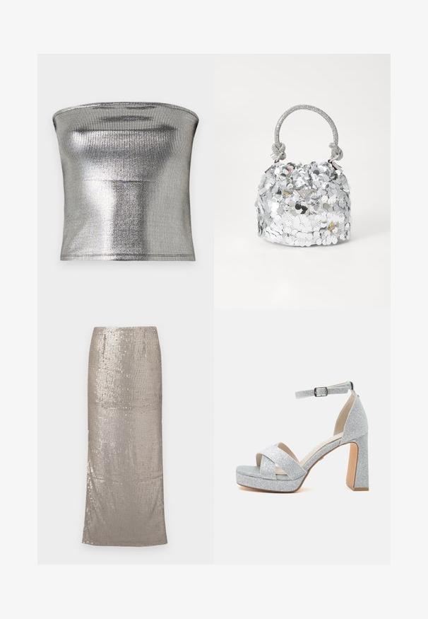 Top strapless plateado hecho de tela metálica acanalada. Presenta una textura suave y un diseño ajustado con un dobladillo recto.; Falda midi plateada y brillante cubierta de lentejuelas, con una silueta recta y un dobladillo que cae por debajo de la rodilla. Textura suave.; Sandalia de plataforma con purpurina plateada, tacón alto grueso, tiras cruzadas sobre los dedos y correa ajustable en el tobillo con hebilla.; Bolso de mano redondo de plata cubierto de lentejuelas reflectantes, con un asa trenzada y un pequeño logo en la parte frontal. Textura suave en general.