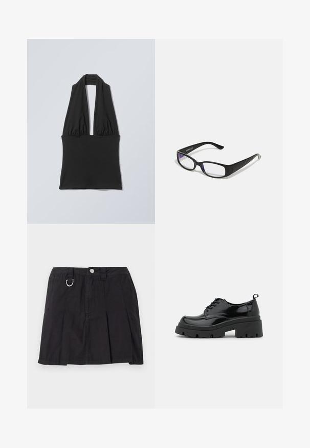 Haut noir sans manches à col licou avec tissu froncé au niveau de la poitrine et large bande à la taille, présenté sur un fond plat gris clair.; Jupe plissée noire en coton, avec une fermeture à boutons sur le devant, des passants de ceinture et un accent en D-ring sur la taille.; Chaussures en cuir patiné noir avec une semelle épaisse et chunky, dotées de lacets épais. Embout arrondi, détails minimaux et un petit tirant à l'arrière.; Des lunettes rectangulaires noires avec des verres transparents. Fini brillant, branches étroites et teinte violette visible sur les bords des verres.