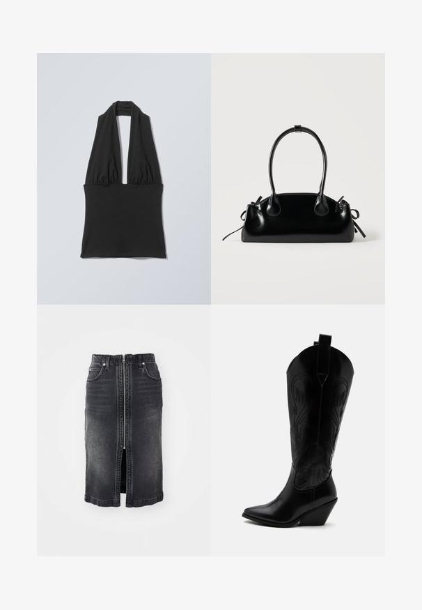 Schwarzes ärmelloses Neckholder-Top mit gerafftem Stoff am Brustbereich und breitem Bündchen an der Taille, dargestellt auf einem flachen hellgrauen Hintergrund.; Schwarzer Denim-Rock mit einem Reißverschluss vorne, zwei Seitentaschen, mittellanger Design und dezentem Verblassen. Verfügt über einen geraden Schnitt und gesäumte Kanten.; Schwarzer Leder-Cowboystiefel mit spitzer Zehe, schrägem Blockabsatz, dekorativer Naht und Zuglaschen oben vor weißem Hintergrund.; Kleine schwarze glänzende Handtasche mit zwei langen Griffen und seitlichen Kordelzug-Details vor einfachem hellem Hintergrund.