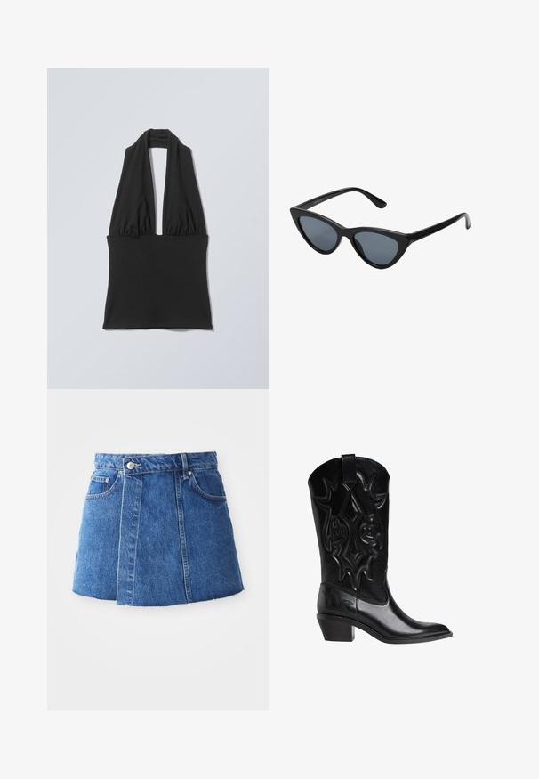Sort ærmeløs haltertop med samlet stof ved brystet og en bred bånd ved taljen, vist på en flad lys grå baggrund.; Denim mini nederdel i mellemblå med høj talje, frontknaplukning, to lommer og en rå kant i bunden.; Sort læder cowboystøvle med stikninger af dekorative mønstre, spids tå, mellemhøj skrå hæl og trækstrop på toppen af skaftet.; Sorte katteøje solbriller med mørkegrå linser, slankt plastisk stel, spidse hjørner og lige stænger. Ingen synlig hardware eller dekorationer.