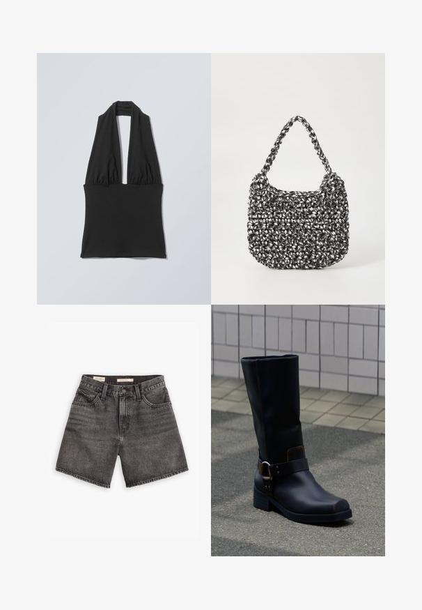 Zwarte mouwloze haltertop met geplooide stof bij de buste en een brede band in de taille, weergegeven op een vlakke lichtgrijze achtergrond.; Zwarte denim shorts met een hoge taille, twee voorkruiszakken en een knoopsluiting. Heeft een vervaagde textuur en een rechte zoom.; Zwarte leren laars tot halverwege de kuit met een lage hak en een decoratief riempje met metalen gesp, staand op een grijs bestraatte ondergrond nabij een betegelde muur.; Geweven handtas in zwart en wit met een ronde vorm, gestructureerd oppervlak en een gevlochten handvat. Geschikt voor dagelijks gebruik.