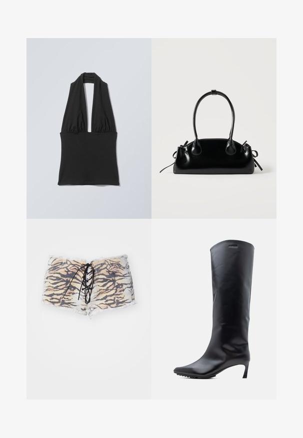 Schwarzes ärmelloses Neckholder-Top mit gerafftem Stoff am Brustbereich und breitem Bündchen an der Taille, dargestellt auf einem flachen hellgrauen Hintergrund.; Tigerprint-Shorts aus Denim mit fransigem Saum, featuring eine schwarze Schnürfront und tonales Nähen. Die Farbpalette umfasst Beige und Schwarz.; Knielanger schwarzer Lederstiefel mit spitzer Zehe und schlankem, hohem Absatz. Glatte Textur mit minimaler Hardware und Markenlogo in der Nähe des oberen Randes.; Kleine schwarze glänzende Handtasche mit zwei langen Griffen und seitlichen Kordelzug-Details vor einfachem hellem Hintergrund.