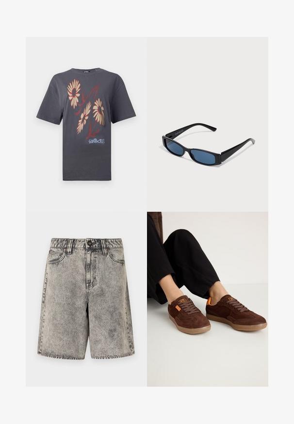 T-shirt à manches courtes gris foncé avec trois marguerites beige et rouge et le texte "Santa Cruz" en bleu clair en bas devant.; Short en denim gris délavé acidulé, taille haute, avec bouton à l'avant, fermeture éclair, passants de ceinture et deux poches avant sur fond blanc.; Baskets en daim marron avec un bout rond, un dessus texturé et des accents orange. Elles présentent des lacets plats et une semelle en caoutchouc.; Lunettes de soleil noires avec une monture rectangulaire élégante et des verres bleus. Présente une texture lisse et des branches robustes. Logo de la marque sur le côté.