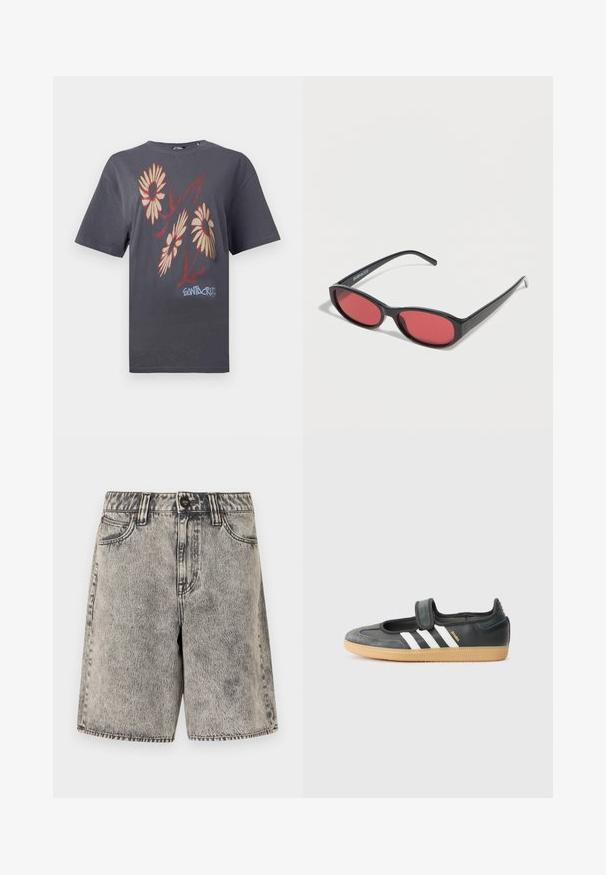 T-shirt à manches courtes gris foncé avec trois marguerites beige et rouge et le texte "Santa Cruz" en bleu clair en bas devant.; Short en denim gris délavé acidulé, taille haute, avec bouton à l'avant, fermeture éclair, passants de ceinture et deux poches avant sur fond blanc.; Sneaker en cuir noir et suède avec une sangle Velcro, arborant trois bandes blanches et une semelle en caoutchouc, étiqueté "SAMBA" sur le côté.; Lunettes de soleil ovales noires avec des branches fines et des verres teintés rouges posées sur une surface blanche.