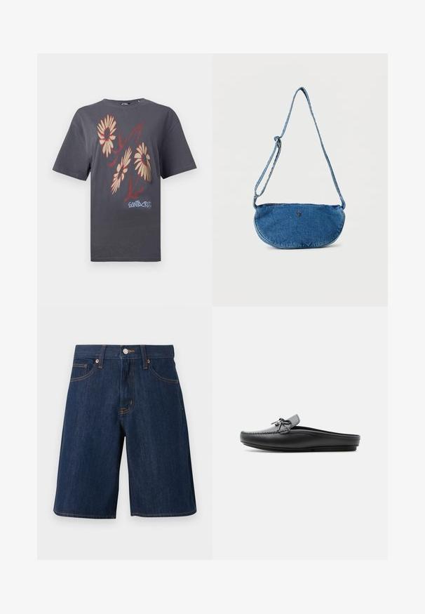 T-shirt à manches courtes gris foncé avec trois marguerites beige et rouge et le texte "Santa Cruz" en bleu clair en bas devant.; Short en jean bleu foncé avec poches avant, passants de ceinture, bouton en métal et coutures orange sur fond blanc uni.; Mocassin noir en cuir sans dos avec un nœud décoratif sur le dessus, bords cousus et semelle plate sur un fond uni.; Sac bandoulière en jean bleu avec sangle ajustable et petit logo métallique sur le devant, présenté sur fond blanc.