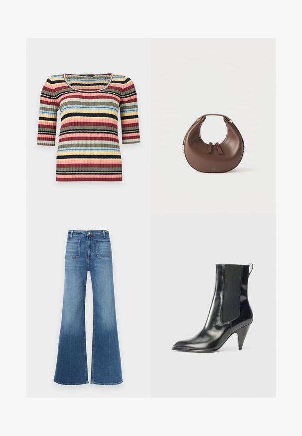 Figursyet ribstrikket top med albuelange ærmer, rund halsudskæring og vandrette striber i marineblå, pink, gul, blå og beige.; Udvidede blå denimjeans med medium høj talje, fem lommer og en falmet vask. Har bæltestropper og en enkelt knaplukning.; Sort, blanklæder ankelstøvle med spids tå, elastisk sidepanel, pull-tab bagpå og en mid-højde konisk hæl.; Brun læderhåndtaske i halvmåneform med en øverste hank og to lynlås-dragere på en hvid baggrund.