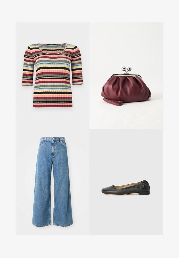 Eng anliegendes, geripptes Strickoberteil mit ellbogenlangen Ärmeln, U-Boot-Ausschnitt und horizontalen Streifen in Marineblau, Rosa, Gelb, Blau und Beige.; Hochbundige, hellblaue, weit geschnittene Jeans mit Frontknopf, Reißverschluss und Fronttaschen auf weißem Hintergrund.; Schwarz Leder Ballerinas mit runder Zehenpartie und minimaler Naht. Niedriger, rechteckiger Absatz und glatte Textur. Dezente Innenfutterdetails.; Kleine burgunderrote Lederclutch mit silbernem Metallverschluss und Handgelenksriemen auf weißem Hintergrund.