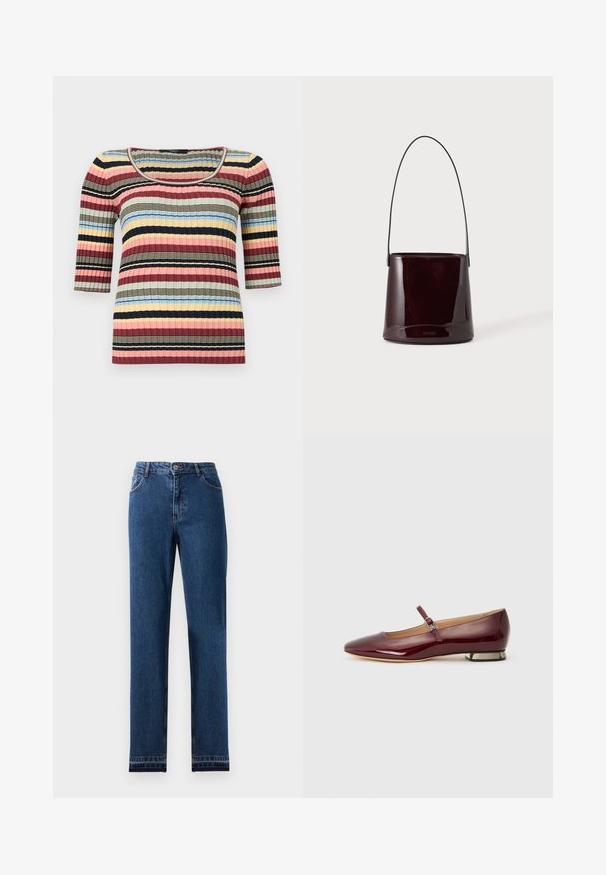 Figursyet ribstrikket top med albuelange ærmer, rund halsudskæring og vandrette striber i marineblå, pink, gul, blå og beige.; Blå denim jeans med lige ben-design, fem lommer og en knap-lukning. Har kontrast søm og en let falmning.; Bordeaux patentlæder flad sko med en afrundet tå, en rem over vampsen og en lav hæl med metalaccenter. Glat tekstur.; Mørkebrun blank spandtaske med lang tynd rem og minimal synlig syning på en lys baggrund.