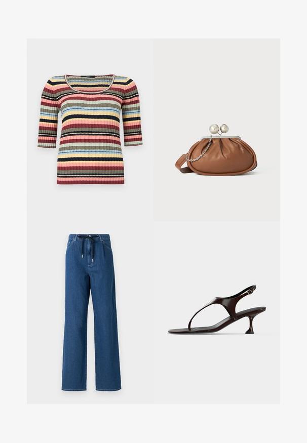 Eng anliegendes, geripptes Strickoberteil mit ellbogenlangen Ärmeln, U-Boot-Ausschnitt und horizontalen Streifen in Marineblau, Rosa, Gelb, Blau und Beige.; Weite, dunkelblaue Denim-Hosen mit einem Gummizugbund und vorderen Taschen. Der Stoff hat eine glatte Textur mit subtilen Nähten.; Dunkelbraune Lackleder-Slingback-Sandale mit kittenabsatz und Zehensteg auf weißem Hintergrund.; Braune Leder-Clutch mit silbernem Kugelverschluss und einem kleinen silbernen Kettendetail auf weißem Hintergrund.