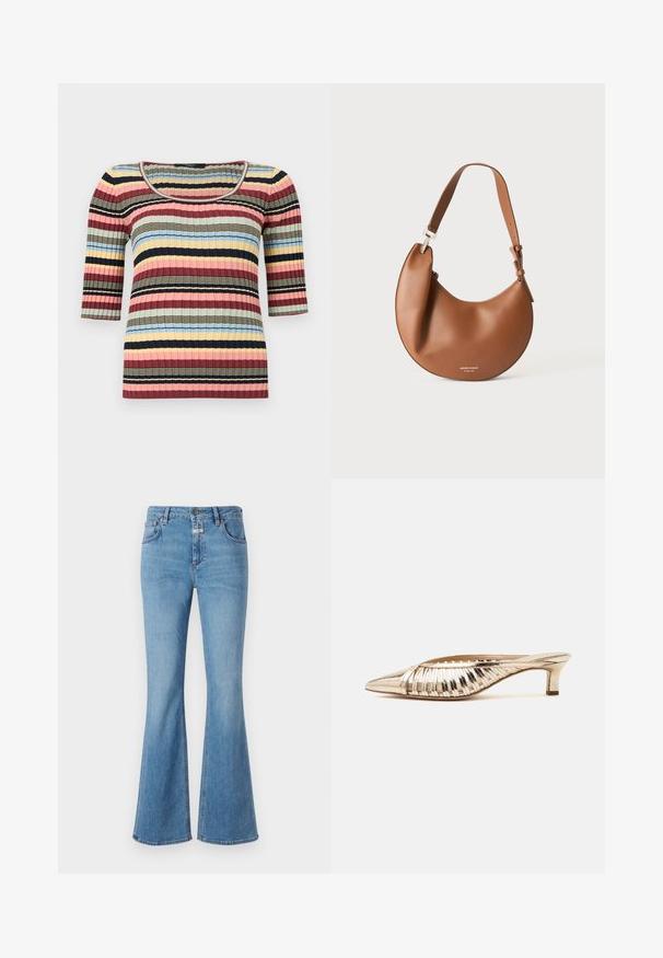 Figursyet ribstrikket top med albuelange ærmer, rund halsudskæring og vandrette striber i marineblå, pink, gul, blå og beige.; CLOSED JOVANNA - Jeans Bootcut - light blue; Guldmetallisk mule med spids tå, lav kittenhæl og udskåret stribet design på oversiden.; Brun læder skuldertaske formet som en halvmåne med justerbar rem og lille sølv logo tekst i bunden midt.