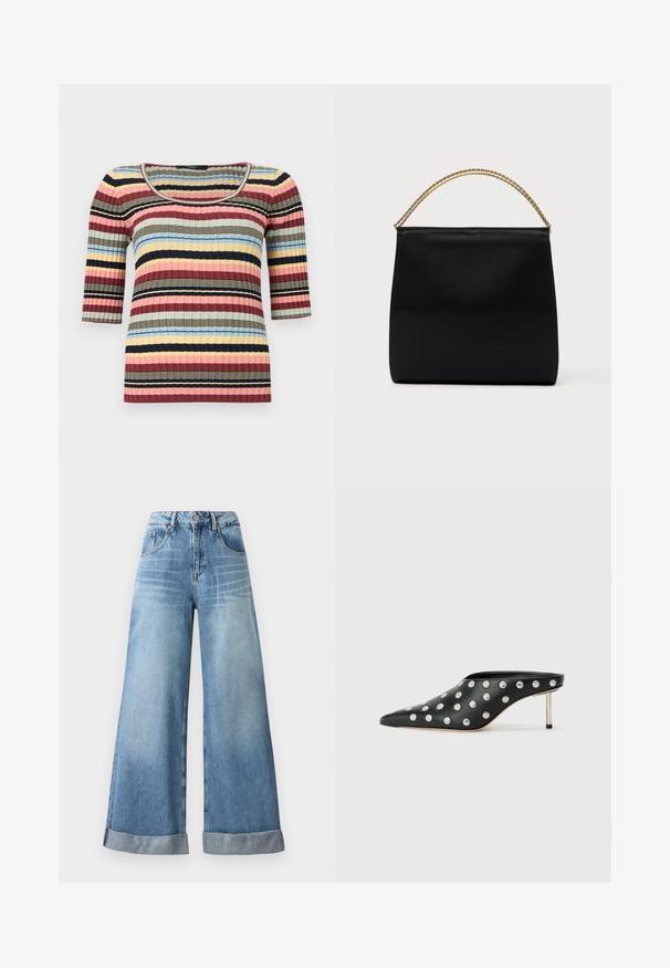 Eng anliegendes, geripptes Strickoberteil mit ellbogenlangen Ärmeln, U-Boot-Ausschnitt und horizontalen Streifen in Marineblau, Rosa, Gelb, Blau und Beige.; Helleblaue, weit geschnittene Jeans aus Denim mit hoher Taille, ausgestattet mit einem Knopfverschluss, fünf Taschen und umgeschlagenen Säumen.; STAND STUDIO KELSEY - Pantolette hoch - black; Schwarze Tasche aus glattem Stoff mit strukturierter Form, einem Griff aus goldener Kette und minimalistischem, geometrischem Design.