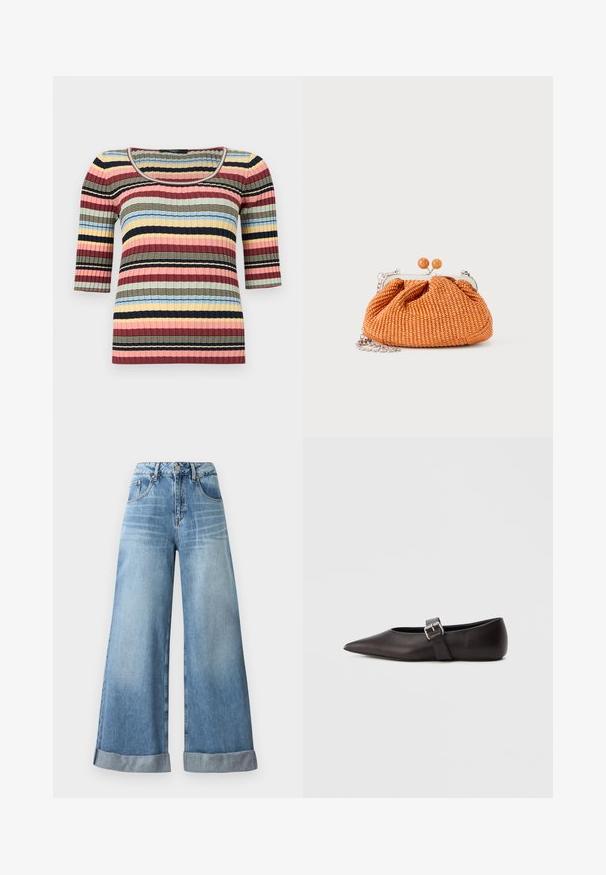 Figursyet ribstrikket top med albuelange ærmer, rund halsudskæring og vandrette striber i marineblå, pink, gul, blå og beige.; Lysblå vidbenede jeans i denim med høj talje, der har knaplukning, fem lommer og opfoldede manchetter forneden.; Sko med spids tå i sort læder, flad hæl, med en smal rem og en metal spænde på siden. Glat tekstur med et minimalistisk design.; Lille orange flettet clutch-pung med sølvmetalramme, rund lukning og en sølvkæde-rem på en hvid baggrund.