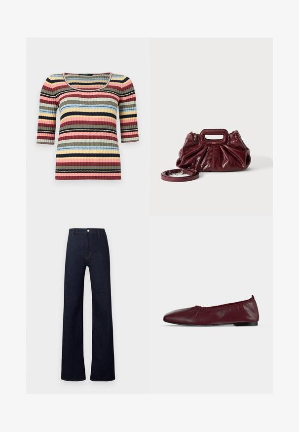 Tettsittende ribbestrikket topp med albuelange ermer, rund halsutringning og horisontale striper i marineblått, rosa, gult, blått og beige.; Mørkeblå denimbukser med høyt liv, vid bendesign og klassisk fem-lommers stil. Har bronsefarget metall og subtil søm.; Vinrød lær ballet flats med samlet elastisk toppkant og tynn svart såle på hvit bakgrunn.; Liten mørkerød skinnhåndveske med rynket tekstur, rektangulært håndtak med utskjæring for hånden og avtagbar skulderrem på hvit bakgrunn.