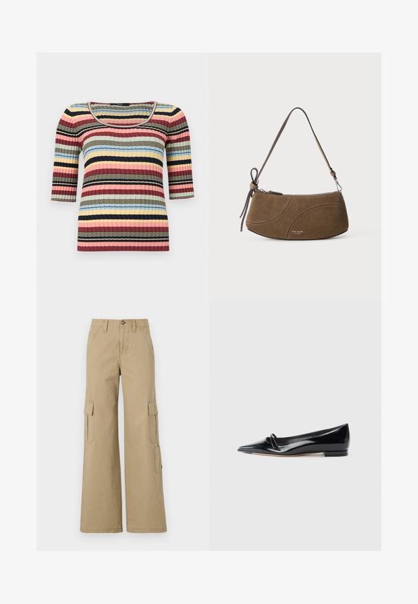 Haut ajusté en maille côtelée avec manches aux coudes, encolure arrondie et rayures horizontales bleu marine, rose, jaune, bleu et beige.; Pantalons cargo beiges à jambes larges, dotés de deux poches à rabat sur les côtés, d'une fermeture à bouton et d'un tissu en coton lisse.; Chaussure plate en cuir verni noir avec un bout pointu, une petite lanière décorative et un petit talon carré. Texture lisse et design épuré.; Sac à bandoulière en daim marron avec une sangle courte, une fermeture éclair et des détails de couture courbes subtils.