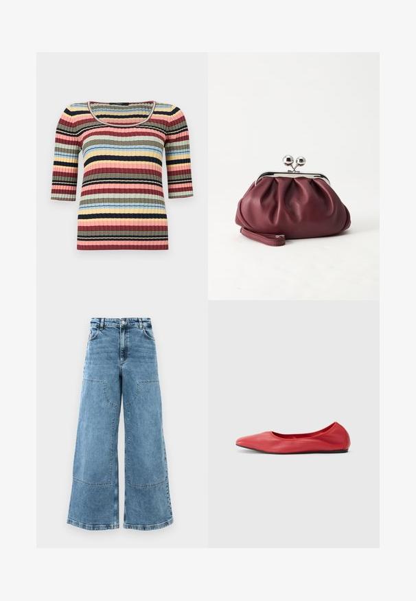 Top ajustado de punto acanalado con mangas hasta el codo, escote redondo y rayas horizontales en azul marino, rosa, amarillo, azul y beige.; Jeans de denim celeste de piernas anchas con una cintura alta, grandes bolsillos frontales y costuras visibles. Presenta un diseño clásico de cinco bolsillos.; Filippa K REY FLATS - Bailarinas - bright red; Pequeño bolso de mano de cuero burdeos con cierre metálico plateado y correa de muñeca sobre un fondo blanco.