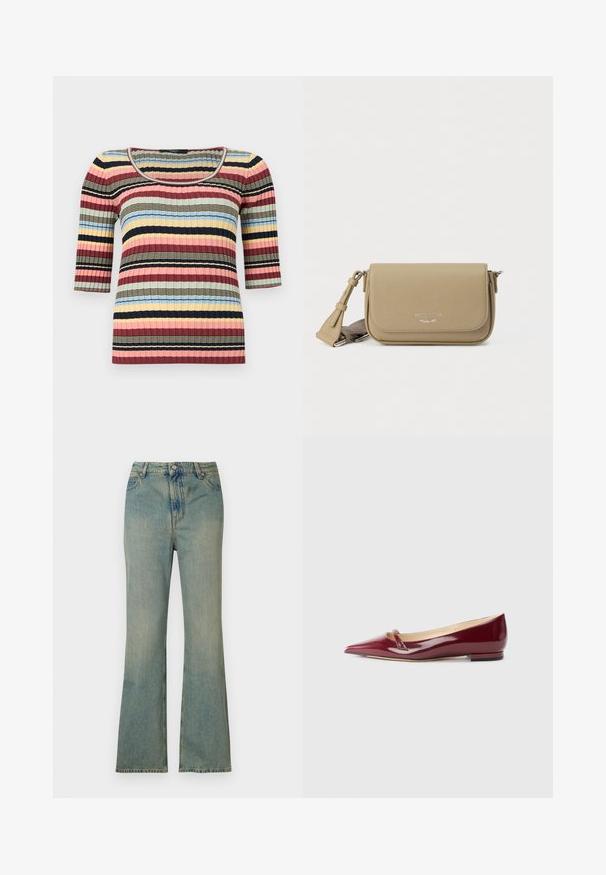 Figursyet ribstrikket top med albuelange ærmer, rund halsudskæring og vandrette striber i marineblå, pink, gul, blå og beige.; Lysblå denim flare jeans med høj talje, fem lommer og lynlås. Ren, falmet finish med subtile syninger.; Bordeaux patenteret læderballerinaer med spids tå, der har en lille udskæring og en lav hæl. Glat tekstur og elegant design.; Khaki læder crossbody taske med tekstureret finish, klaplukning, sølvfarvet logo og justerbar rem. Kompakt rektangulær form.