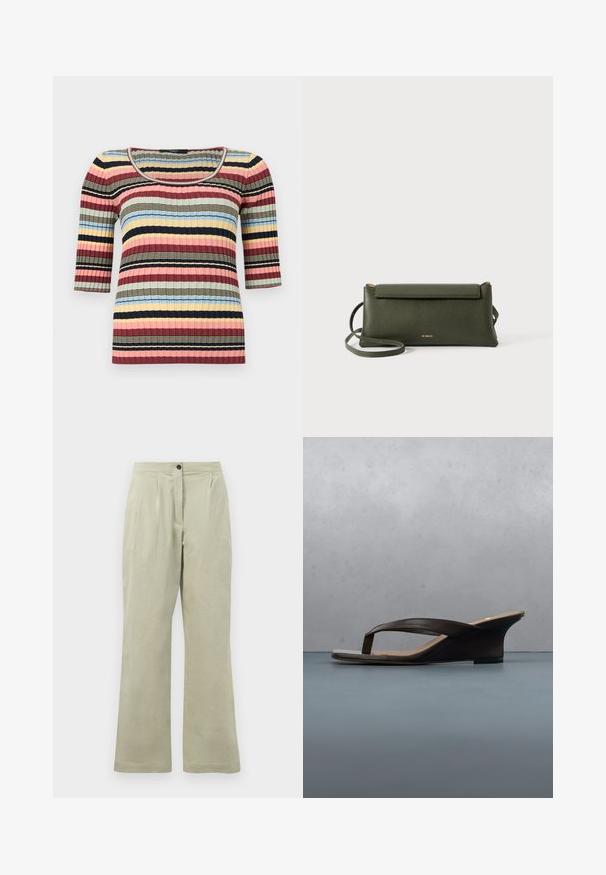 Figursyet ribstrikket top med albuelange ærmer, rund halsudskæring og vandrette striber i marineblå, pink, gul, blå og beige.; Lysgrønne brede bukser lavet af blødt stof, med en frontknaplukning, plisseringer og en ren kant.; Sort kilehælssandale med thongsandaler placeret på en træplanke og stengulv udendørs nær grønne planter og betonmur.; Mørkegrøn struktureret læder crossbody taske med klaplukning og tynd justerbar rem, præget med lille guld "Bee Projects" logo.
