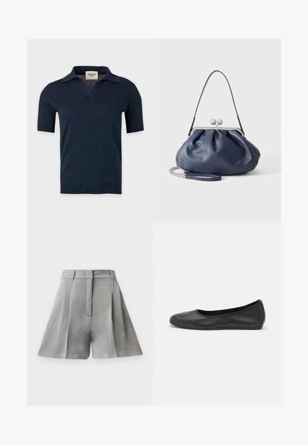 Chemise en maille bleu marine à manches courtes avec un petit col ouvert et un col en V, présentée sur un fond gris clair uni.; Shorts plissés gris en tissu lisse, dotés d'une taille haute, de poches avant et d'un design ajusté aux lignes épurées.; Ballerines en cuir noir avec un bout rond, texture lisse, détails de couture minimalistes et design de semelle flexible.; Sac à main en cuir bleu marine doux avec fermeture à boucle argentée, une seule bandoulière, et une chaîne de poignet amovible sur fond blanc.