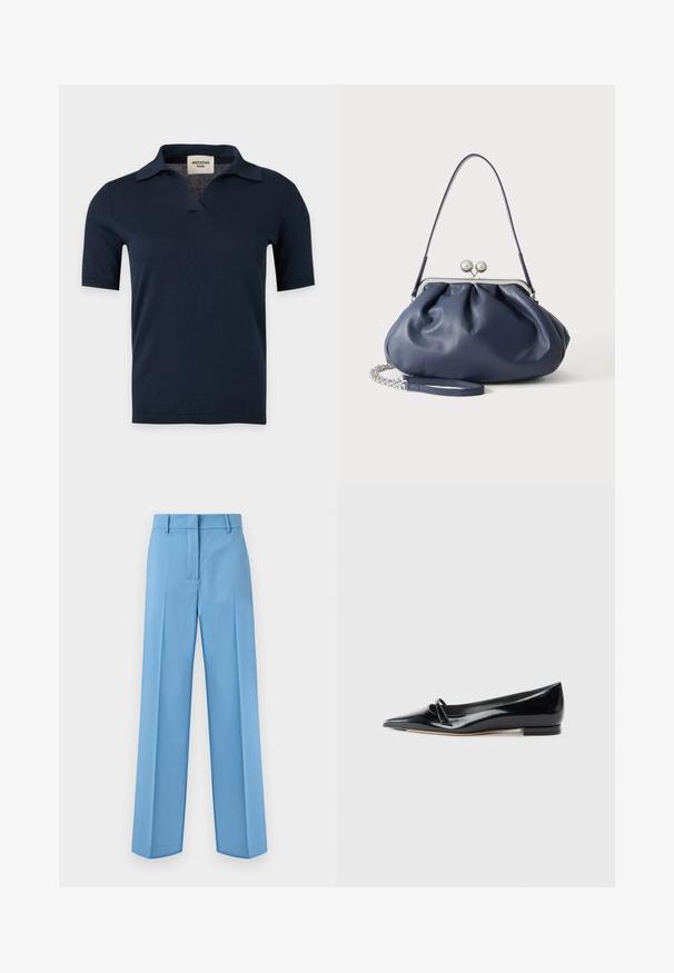 Marineblaues Strickshirt mit kurzen Ärmeln, kleinem offenem Kragen und V-Ausschnitt, auf einfarbigem hellgrauem Hintergrund dargestellt.; Hellblaue, maßgeschneiderte, gerade geschnittene Hose mit Gürtelschlaufen und vorderem Reißverschluss, vor einem weißen Hintergrund präsentiert.; Schwarze Lackleder-Ballerina mit spitzem Zehenbereich, kleinem dekorativen Riemen und niedrigem Blockabsatz. Glatte Textur und elegantes Design.; Weiche navyblaue Ledertasche mit silberner Verschlussklammer, einem einzelnen Schulterriemen und abnehmbarem Ketten-Handgelenksriemen auf weißem Hintergrund.