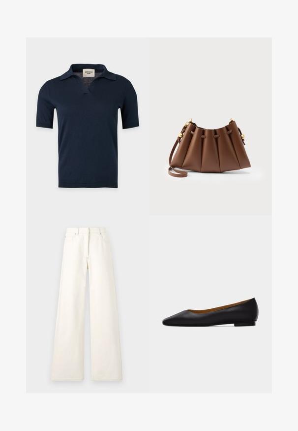 Chemise en maille bleu marine à manches courtes avec un petit col ouvert et un col en V, présentée sur un fond gris clair uni.; Pantalons larges de couleur crème en denim avec des coutures visibles et des poches. Le design présente une taille haute et une coupe droite.; Chaussure plate en cuir noir à bout pointu avec talon bas et finition lisse, vue de côté sur un fond gris clair.; Sac à main en cuir marron plissé avec bandoulière réglable et accents de cordon de serrage dorés sur un fond neutre.