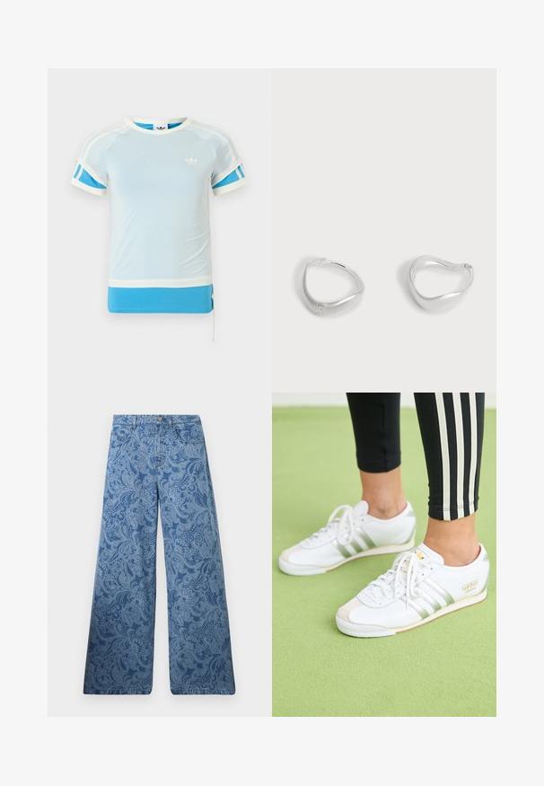 Camiseta deportiva azul claro con detalles blancos y paneles laterales azules. Presenta un cuello redondo y mangas cortas, hecha de tela suave.; Vaqueros anchos azules de talle alto con un elaborado patrón de cachemir y diseño clásico de cinco bolsillos.; Pies que llevan zapatillas Adidas Italia blancas con rayas y cordones plateados, de pie sobre una superficie texturizada de color verde claro.; Par de pendientes de aro de tono plateado liso con una forma triangular ligeramente irregular sobre un fondo claro y liso.