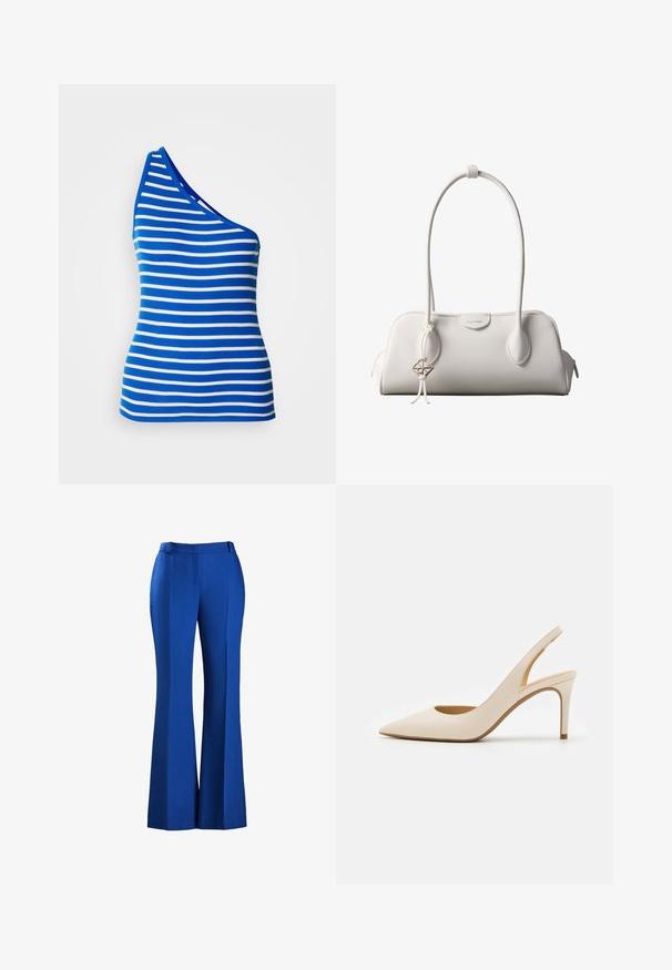 Top sin mangas de un solo hombro en rayas horizontales azul y blanco. Fabricado en tela acanalada con forma ajustada y un escote de contraste.; Pantalones azules acampanados hechos de tejido texturizado, con una cintura ajustada y detalle de plisado en la parte delantera, adecuados para ocasiones formales o informales.; Zapato de tacón beige de cuero con punta puntiaguda y tacón alto delgado. Cuenta con un recorte en el talón y un acabado liso.; Bolso de hombro blanco de Calvin Klein con asas largas, forma rectangular, cierre de cremallera y charm decorativo con el logo colgando cerca del asa.