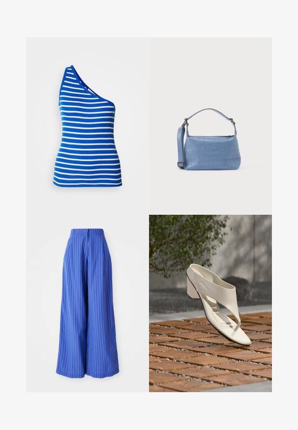 Mouwloze top met één schouder in blauw en wit met horizontale strepen. Gemaakt van ribbelstof met een aansluitende pasvorm en een contrasterende halslijn.; Brede broek in levendige blauwe stof met verticale witte strepen, met een hoge taille en een gladde textuur.; Witte leren sandalen met hak, brede band en teenstuk, buiten tentoongesteld op een houten en kiezel betegeld oppervlak met groen op de achtergrond.; Lichtblauwe handtas met krokodillenprint, voorzien van een korte handgreep en een afneembare schouderriem. Gladde textuur met een ritssluiting.