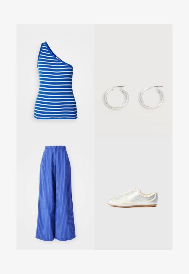 Top sans manches à une épaule en bleu et blanc à rayures horizontales. Fabriqué en tissu côtelé, il a une forme ajustée et un col contrasté.; Pantalons à jambes larges en tissu bleu vif avec des rayures blanches verticales, présentant une taille haute et une texture lisse.; Baskets synthétiques argentées avec accents crème, profil bas, bout arrondi et semelle en caoutchouc plate ; dotées de coutures classiques et d'une fermeture à lacets.; Paire de boucles d'oreilles créoles moyennes argentées brillantes avec de fines attaches métalliques sur un fond clair et neutre.